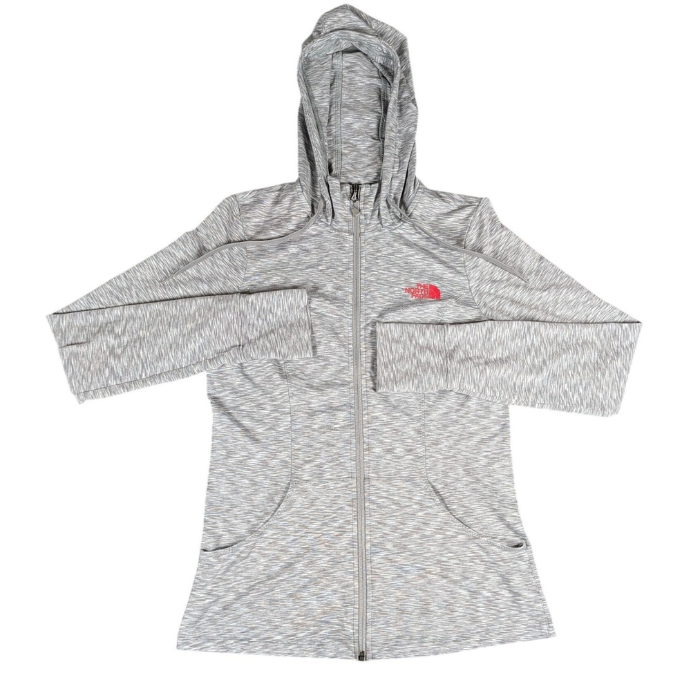 The North Face Womens Grey Space Dye Full Zip Hoodie Thumbholes Red Logo